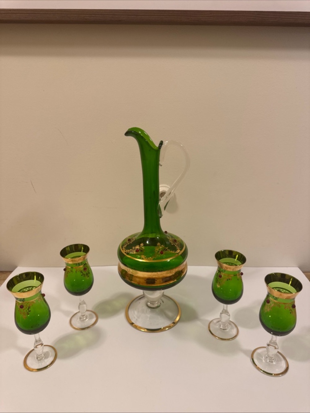 Murano Green and Gold Ewer with Matching Glasses